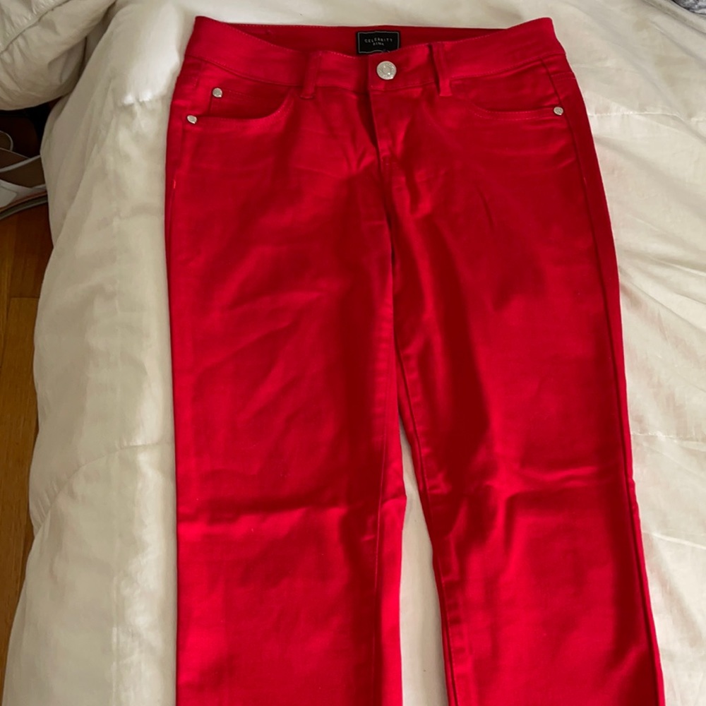 Red jean type pants